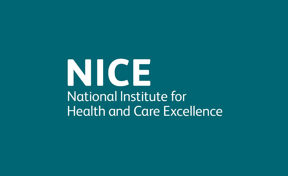 The National Institute for Health and Care Excellence, (NICE) their logo in white on a blue background