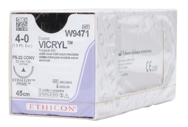 Vicryl Suture, Coated - Absorbable, Braided, Violet W9471. Length: 45cm, Gauge: 4/0